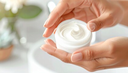 Hands Holding Moisturizer Jar for Skincare Routine.