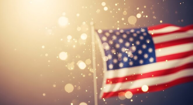 American flag waving with sparkling golden lights on a dark background