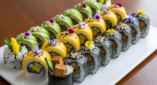 Overhead view of assorted sushi rolls on a white plate with vibrant toppings on a wooden table. - Powered by Adobe