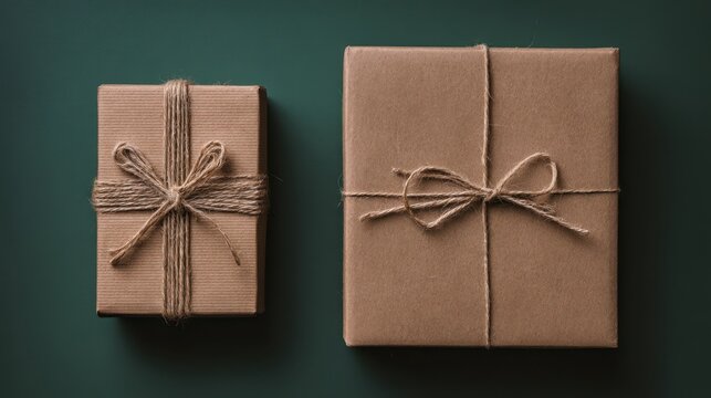 Two eco-friendly gift boxes wrapped in brown paper and tied with natural jute twine on a dark green background - Powered by Adobe