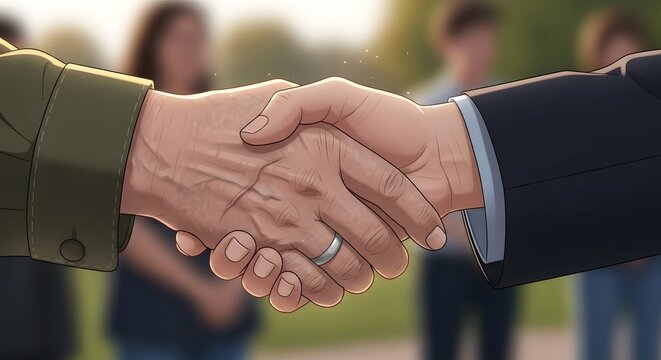Close-up of two businesspeople shaking hands outdoors with blurred colleagues in the background