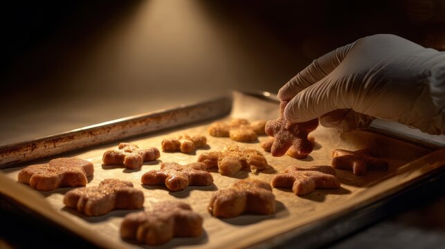Hand in glove holding freshly baked star-shaped gingerbread cookie on parchment-lined tray