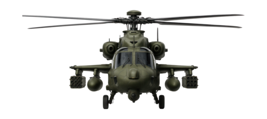 Tactical helicopter equipped with flare dispensers and electronic defenses.