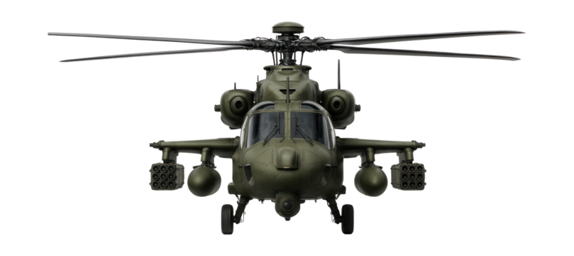 Tactical helicopter equipped with flare dispensers and electronic defenses.