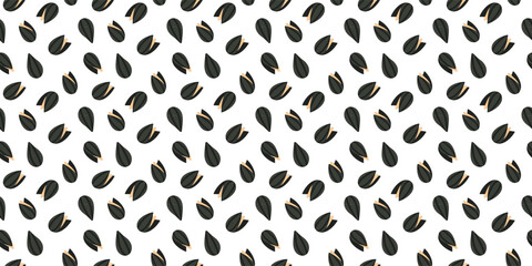 Seamless pattern of black sunflower seeds on white background.