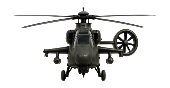 Noise-reduced attack helicopter featuring a shrouded tail rotor.