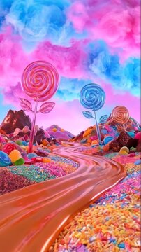 Animated journey through a fantasy candy land. Moving along a caramel river past giant lollipops. Whimsical and colorful sweet landscape