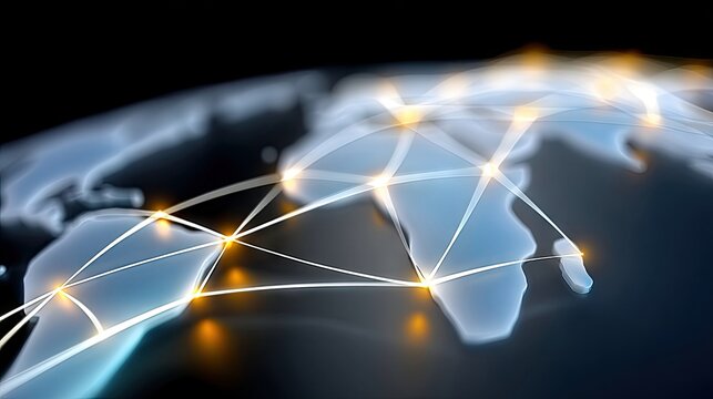 A stylized digital representation of the Earth's continents, overlaid with a network of glowing lines and illuminated nodes, signifying global connectivity and
