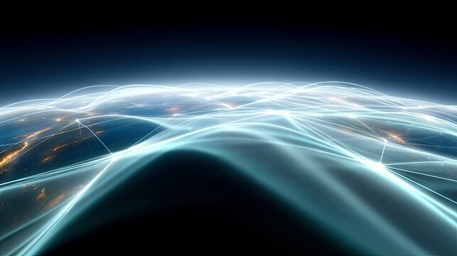 A digital representation of global network connections, visualized as glowing blue lines and nodes, superimposed over the Earth's surface at night, illuminated