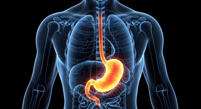 Human Stomach and Esophagus Anatomy 3D Illustration - Glowing Orange Digestive Organs on Blue X-Ray Body