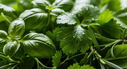 Vibrant Collection of Freshly Washed Basil, Parsley, and Rosemary Herbs