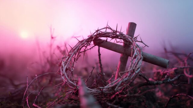 Crown of thorns and wooden cross in a pink atmospheric setting