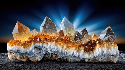 A cluster of natural citrine crystals, with large faceted points and smaller sparkling formations, sits on a dark, textured surface against a dramatic blue back