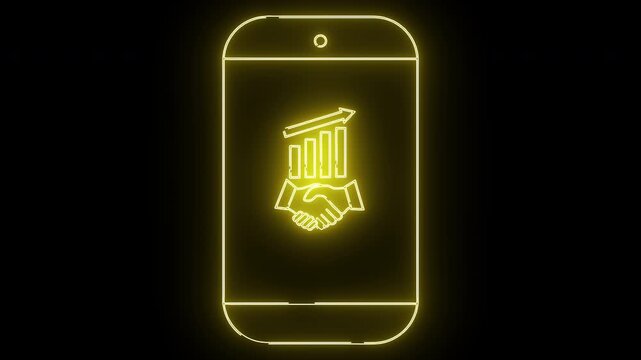 Yellow neon phone graphic with upswing bars and handshake icon against black background