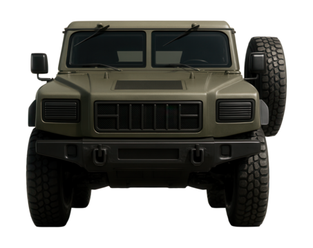 Tactical field vehicle with blackout lights and side-mounted spare tire.