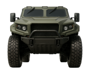All-terrain military vehicle with elevated clearance and mud protection.