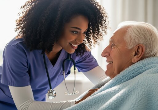Smiling african american nurse providing compassionate care to elderly man