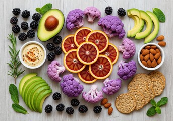 Vibrant healthy food assortment with avocado, blood orange, and cauliflower