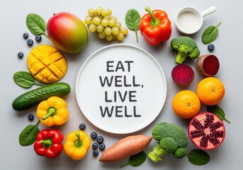 Healthy fresh fruits and vegetables around an eat well live well plate