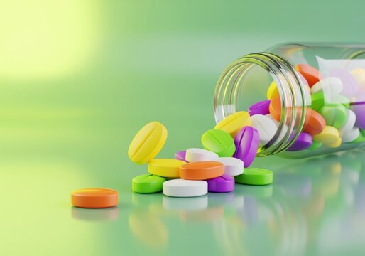 Vibrant colorful pills spilling from a clear glass bottle, health and medicine concept