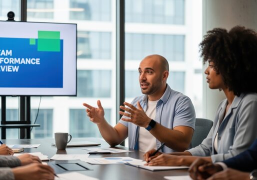 Diverse professionals discussing team performance review in a modern office meeting
