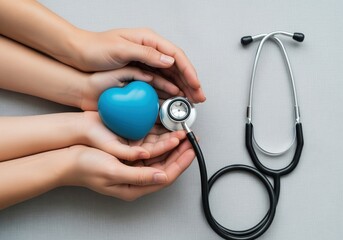 Health protection, adult and child hands holding blue heart, stethoscope