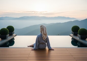 Serene woman in a bathrobe by an infinity pool gazing at misty mountains