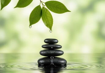Obraz premium Serene stack of smooth black zen stones with water drops and green leaves