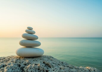 Perfectly balanced white stones stacked on a rock by the calm ocean