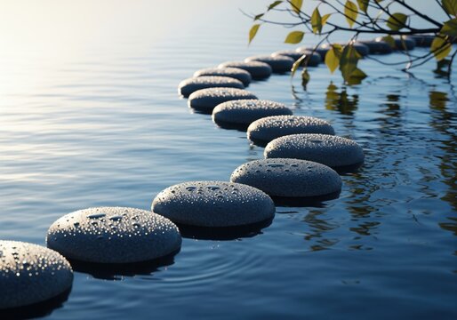 Serene pathway of smooth grey stepping stones leading across calm blue water