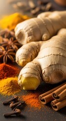 Close up of Fresh Ginger Roots and Colorful Powdered Spices on Dark Surface