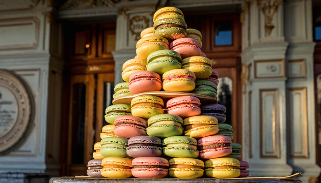 A tall tower of assorted colorful macarons displayed outside a grand building's entrance with ornate details.