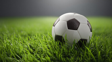 Fototapeta premium A close-up shot of a soccer ball lying on the bright green grass of a soccer field, giving a sense of competition.