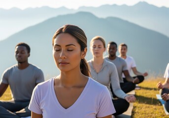 Diverse group meditating peacefully outdoors in a serene mountain landscape
