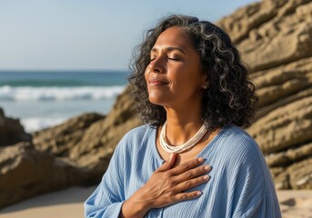 Content woman with closed eyes and hand on heart, embracing tranquility and wellness