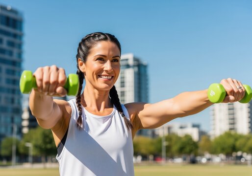 Smiling woman exercising outdoors with dumbbells for fitness and strength