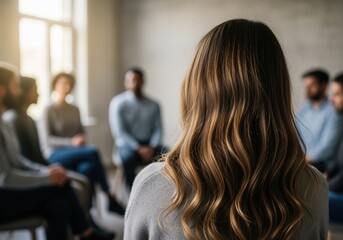 Woman with long wavy hair from behind attending a group therapy session