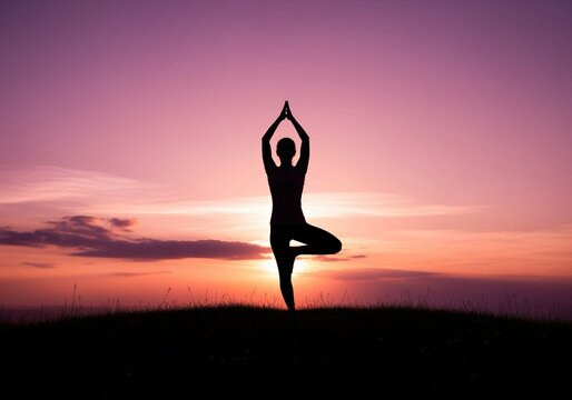 Serene woman silhouette in vrikshasana yoga tree pose at vibrant sunset - Powered by Adobe