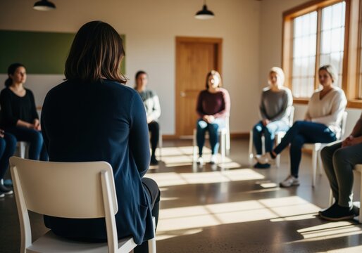 Diverse group of people attending a support meeting or therapy session