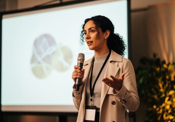 Confident business woman presenting on stage with a microphone and screen
