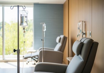 Medical infusion room with IV drip stand and reclining patient chairs