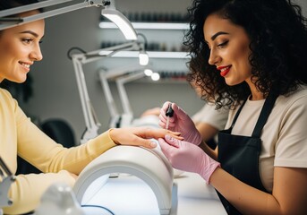 Professional nail technician applying polish to a client fingernails in a modern beauty salon