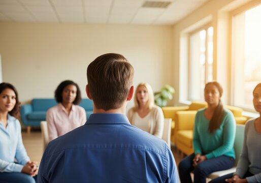 Diverse group of women listening to a man in a support meeting