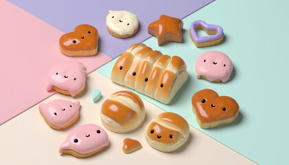Assorted adorable breads and pastries with cute faces arranged on a colorful pastel background in a flat lay composition.