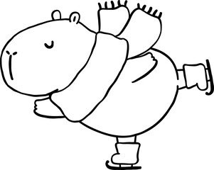 Kawaii Christmas Capybara Outline Ice Skating, Wearing Striped Scarf Cartoon Doodle Hand Drawn.