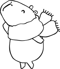 Kawaii Christmas Capybara Outline Wearing Striped Scarf Cartoon Doodle Hand Drawn.