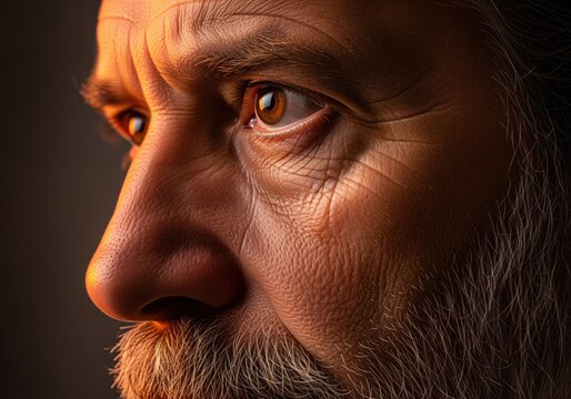 Intense close up profile of an older man face with warm dramatic lighting - Powered by Adobe