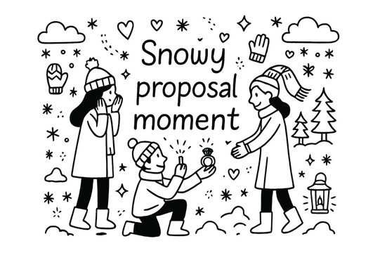 Snowy Proposal Doodle. Snowy proposal moment. Hand-drawn doodle illustration of Snowy proposal moment. couple,