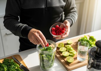 Person adding fresh raspberries to a healthy green smoothie blender