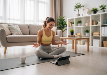 Smiling woman in activewear doing virtual yoga or fitness class at home
